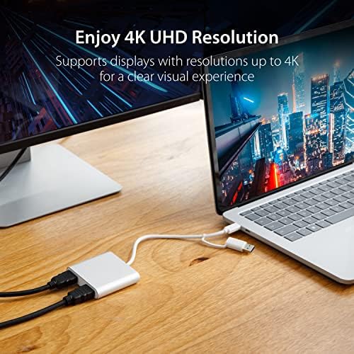 j5create USB-C עד מתאם Multi-Monitor כפול HDMI עם ממרת USB מסוג USB | 4K + 2K | תואם ל- Windows ו- Mac